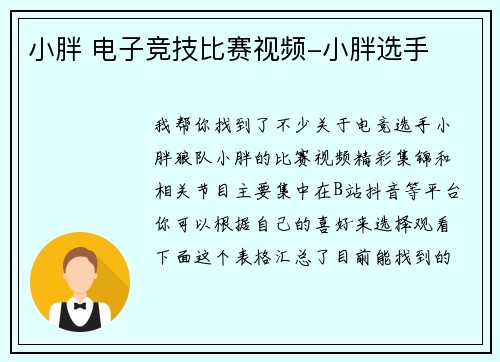 小胖 电子竞技比赛视频-小胖选手
